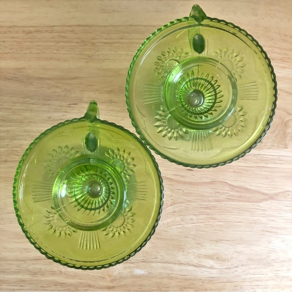 Pier 1 Imports Green Pressed Glass Chambersticks Taper Candlestick Holders Set 2